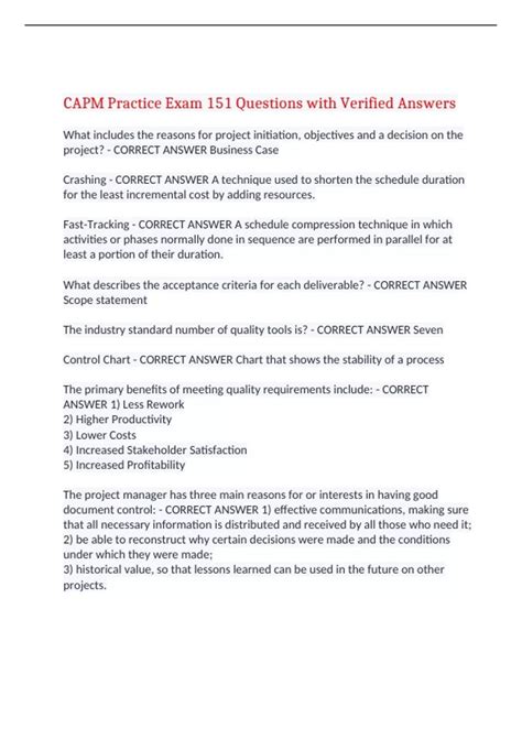 CAPM Practice Exam 151 Questions with Verified Answers,100% CORRECT ...