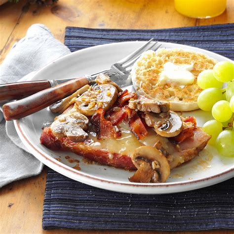 Ham Steaks with Gruyere, Bacon & Mushrooms Recipe | Taste of Home
