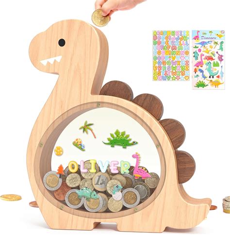 Amazon.com: Summidate Wooden Dinosaur Piggy Bank for Kids Boys, Cute ...