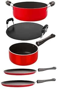 Nirlon Aluminium Cookware Set, 5-Pieces, Red and Black, 26_FT12_FT13 ...