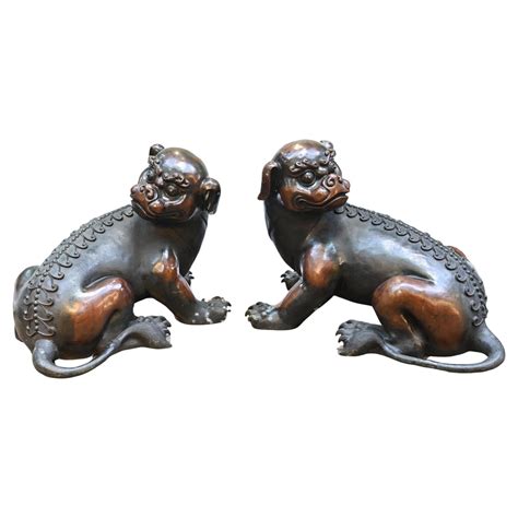 Pair Bronze Chinese Foo Dogs Guardian Lions Antique For Sale at 1stDibs