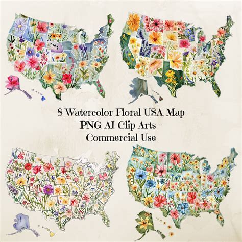 USA Map Clipart Floral, United States Floral Map, United States Png ...