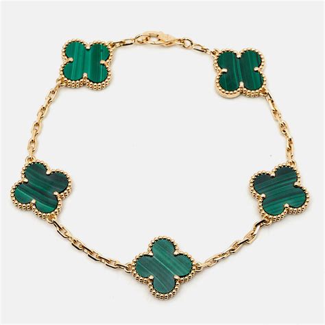 Van Cleef & Arpels Vintage Alhambra Malachite 18k Yellow Gold 5 Motif Station Bracelet Van Cleef ...