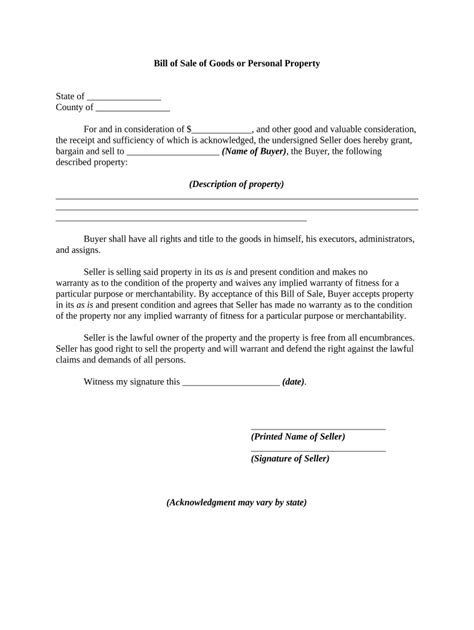 Bill of Sale for Goods or Personal Property - Blank Fillable Template ...