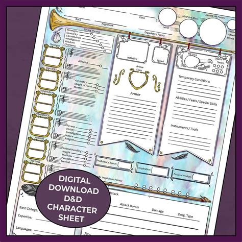 D&D 5e Bard Character Sheet, A Bards Adventure - Fillable PDF ...