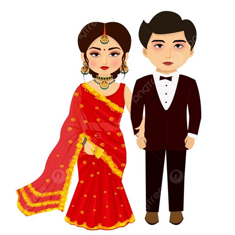 Indian Wedding Reception Cute Cartoon Couple Attire Groom Suit And Red ...