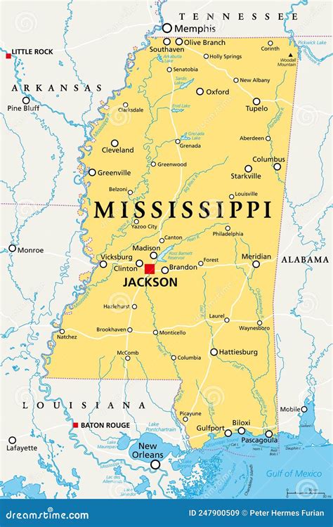 Mississippi, MS, Political Map, US State, Nicknamed the Magnolia State ...