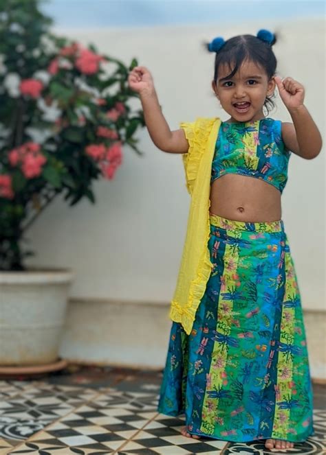 Cotton Malmal Lehenga Set Girls | Dragonfly Neon | 0-12 Years – Tura Turi