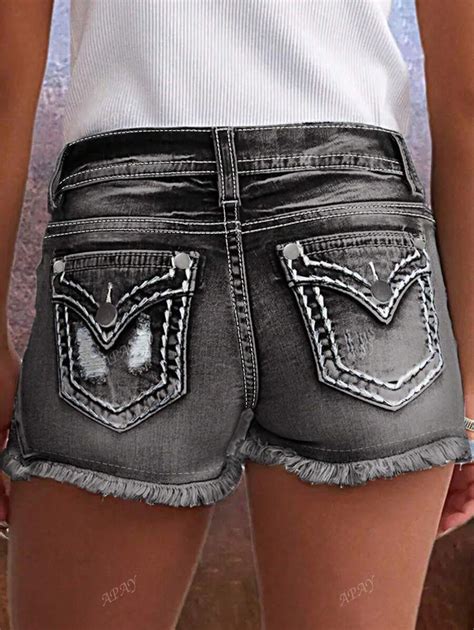 Women's Casual Washed Vintage Ripped Frayed Hem Fitted Denim Shorts ...