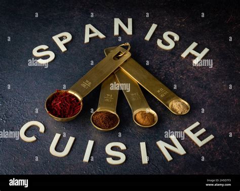 Measuring spoons filled with various spices used in Spanish cooking ...
