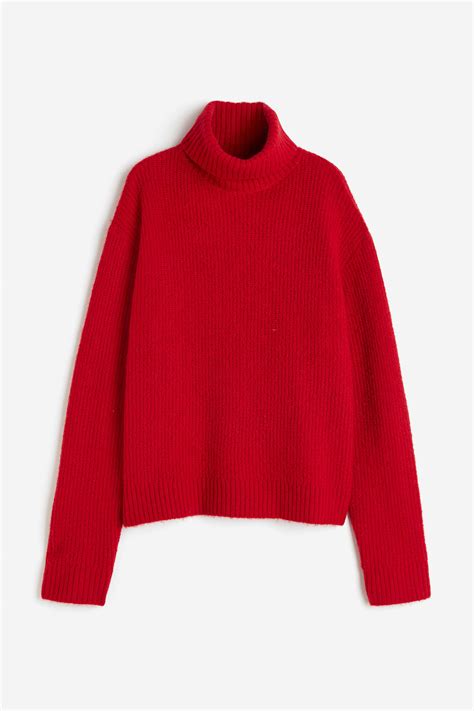 Rib-knit polo-neck jumper - Red - Ladies | H&M PH