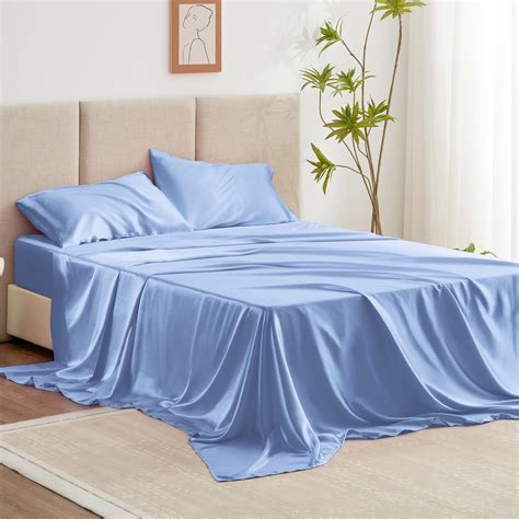 Amazon.com: Love's cabin Satin Queen Sheets Set - 4 Piece Sky Blue ...