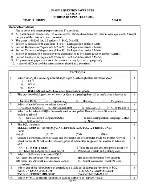 Sample Question Paper SET-1 - SAMPLE QUESTION PAPER SET- 1 CLASS XII ...
