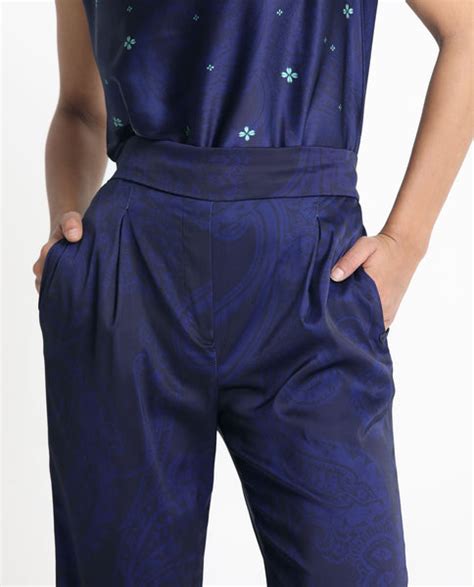 Rareism Women's Braun Navy Polyester Abstract Print Ankle Length Tailo