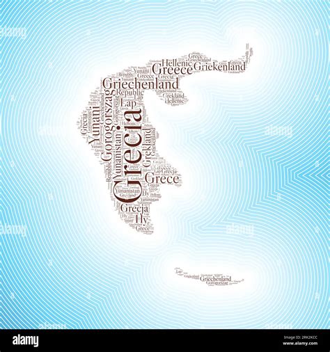 Greece shape formed by country name in multiple languages. Greece border on stylish striped ...