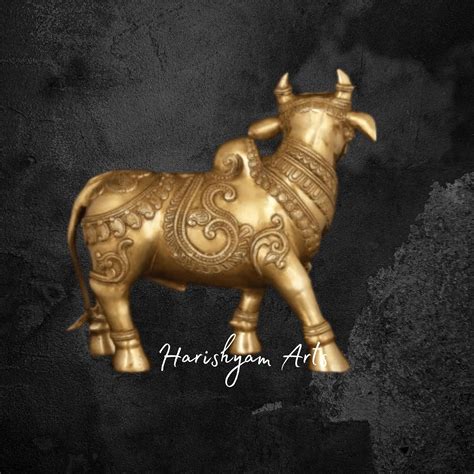 14" Mythological Nandi Brass Idol with Sacred Symbol Engravings