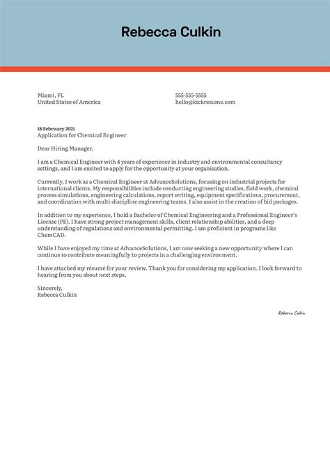 Chemical Engineer Cover Letter Template | Kickresume