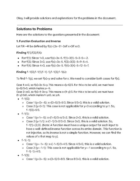 Solutions to Problems in Math 101: Function Evaluation, Graphs, and ...