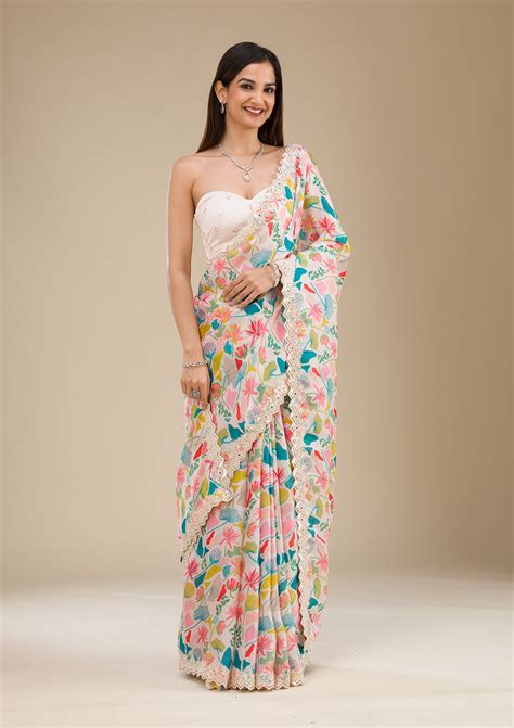 Buy White Threadwork Georgette Saree - Koskii