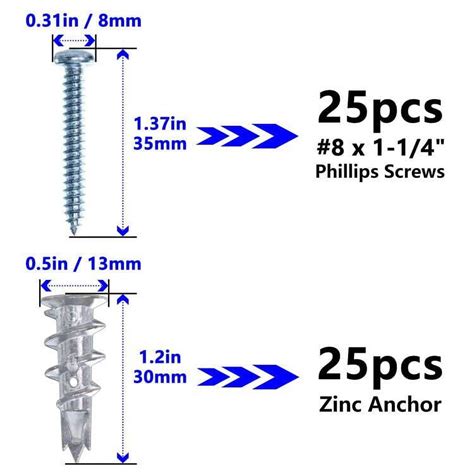 Gazdag-Zinc Self-Drilling Drywall Anchors with Screws Kit, 25 Heavy ...