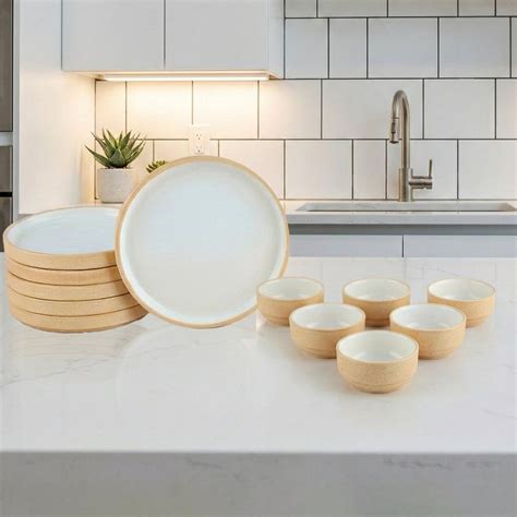 BlackCarrot Ceramic Dinner Set Beige and White 12 Piece Stoneware
