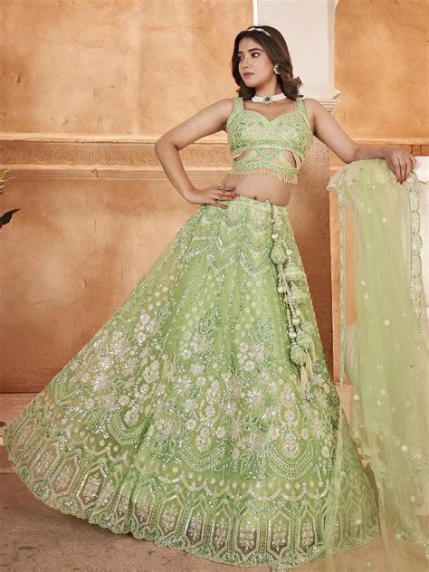 Designer Wear Green Net Embroidered Work Umbrella Lehenga Coli - VJV ...