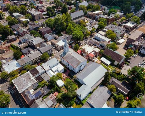 Aerial Top View Roofs of Historic Small Town Downtown Lambertville in ...