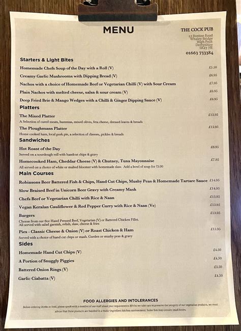 Menu at The Cock Pub, Whaley Bridge, Whaley Bridge