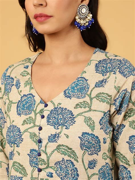 Buy Blue Floral Print Cotton Anarkali Kurta - Jaipur Kurti