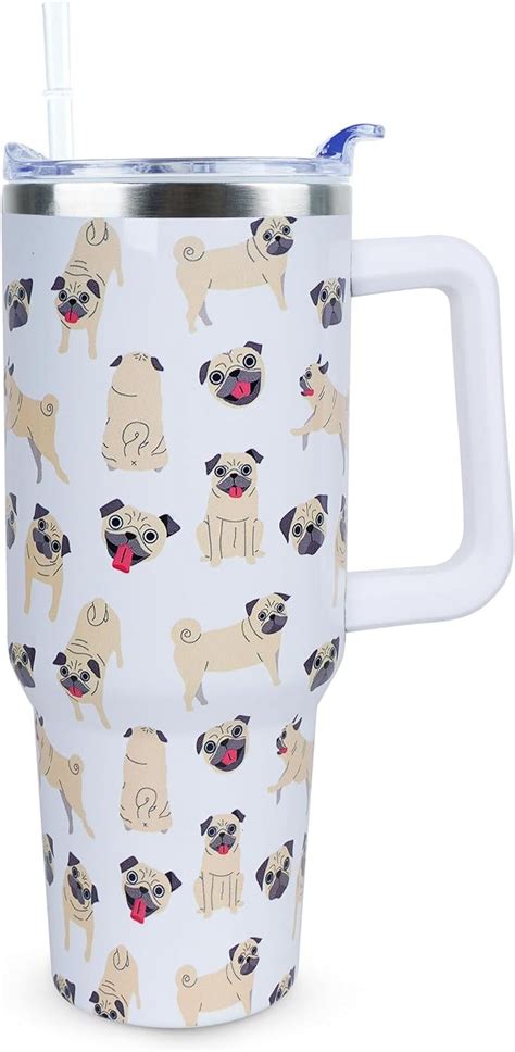 40 oz Cute Pug Tumbler with Handle and Straw, Stainless Steel Insulated ...