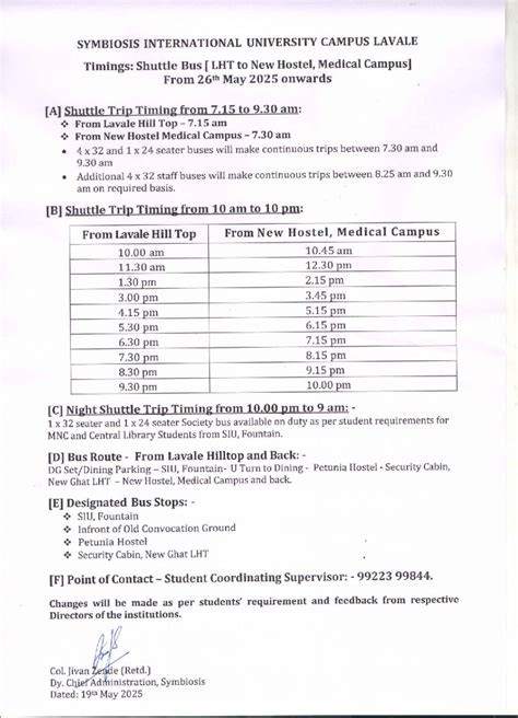 LHT - Shuttle Bus Timings for SIU Campus from 26th May 2025 - Studocu