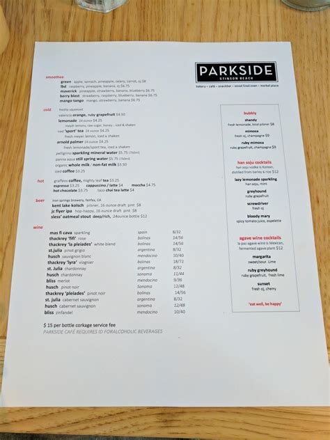 Menu at Parkside Cafe, Stinson Beach