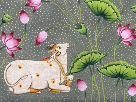 Cow & Lotus - Handmade Pichwai Painting (Unframed) – Truly Earthy
