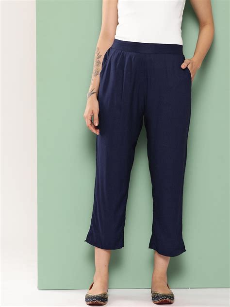 Buy Navy Blue Solid Rayon Trousers Online at Rs.299 | Libas