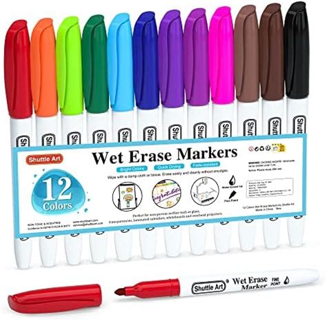 Shuttle Art Wet Erase Markers, 12 Colour Fine Tip Whiteboard Markers ...