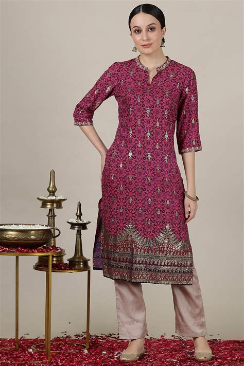 Buy Pink Foil Floral Printed Straight Kurta with Heavy Gold Border ...