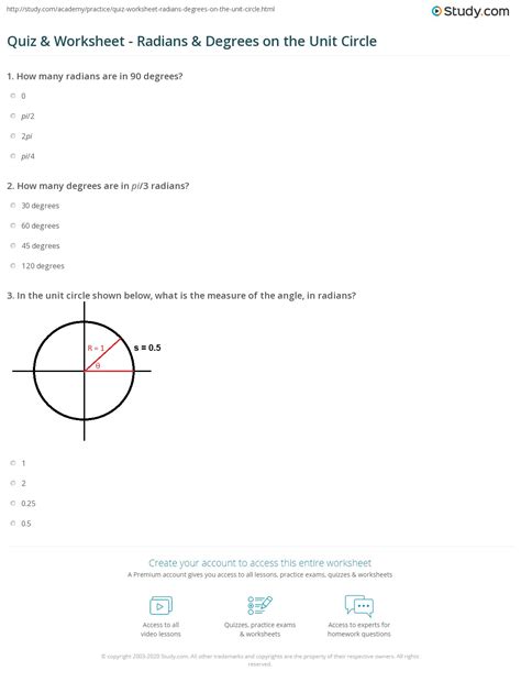 Quiz & Worksheet - Radians & Degrees on the Unit Circle | Study.com