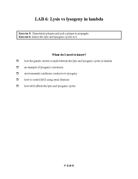 MBIO 2020 Lab 6 W21 - LAB 6: Lysis vs lysogeny in lambda What do I need ...