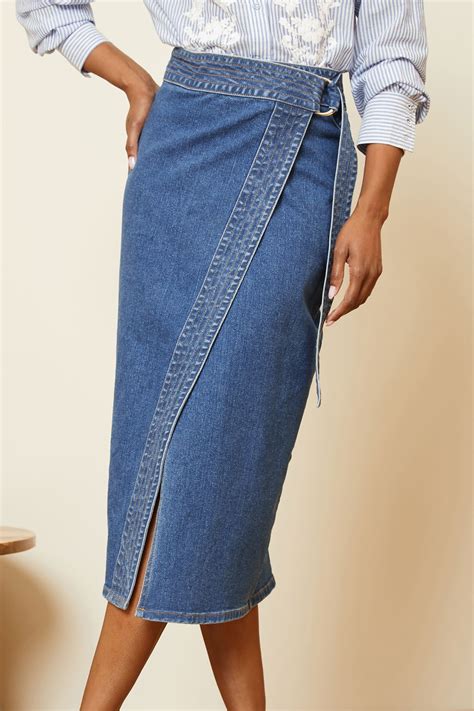 Buy Love & Roses Midwash Blue Wrap Denim Midi Skirt from the Next UK ...