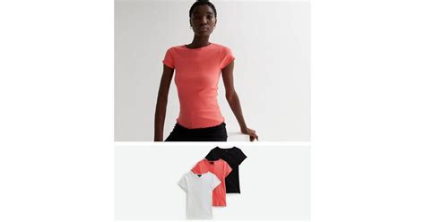 3 Pack Orange White and Black Ribbed Frill T-Shirts | New Look