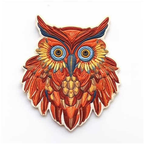There is a red and yellow owl with blue eyes on a white background ...
