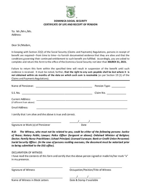 Dominica Social Security Certificate of Life and Receipt of Pension ...