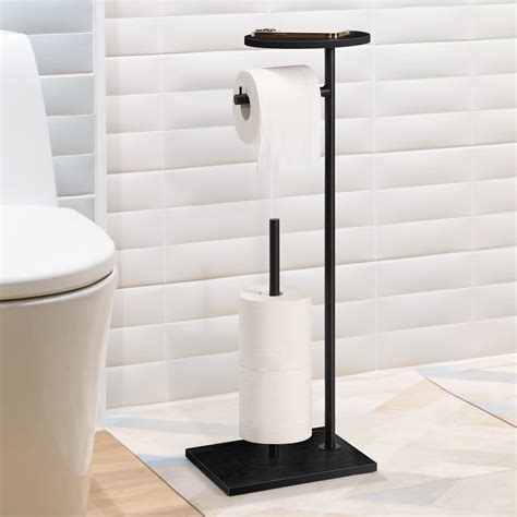Freestanding Toilet Roll Holder with Top Storage Shelf, Black Toilet ...