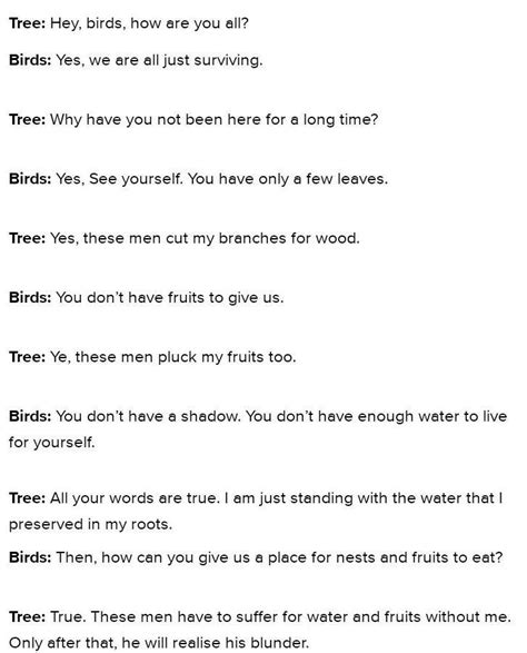 dialogue writing between trees and birds. regarding their own problems ...