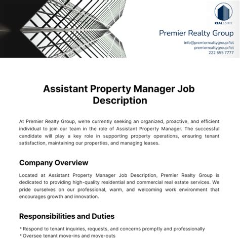 Free Assistant Property Manager Job Description Template to Edit Online