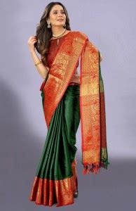 Buy SILK SAREE HUB Self Design Kanjivaram Jacquard, Cotton Silk Red ...