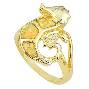 Natural white australian opal (lab) 925 silver gold seahorse ring size ...