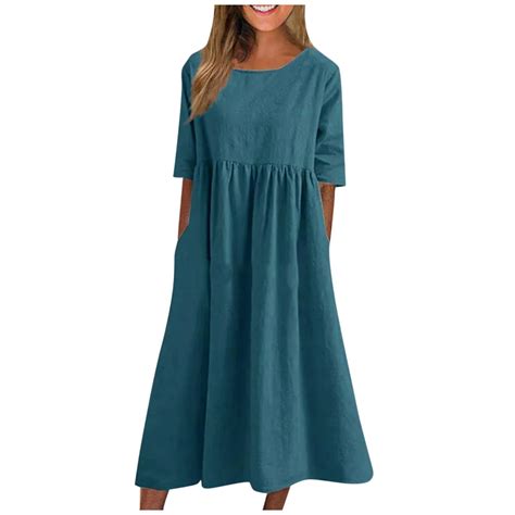 SnnmBlm Women's Half Sleeve Linen Maxi Dresses Casual Loose Plus Size ...