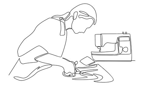 Continuous line of woman using sewing machine | Premium Vector