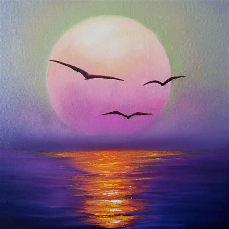 Full Moon Painting Original Art Night Sky Artwork Moon Light | Etsy